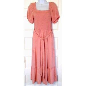 Lucky Brand Dress L Pink Midi Milkmaid Smocked Tiered Peasant Cottage Barbiecore